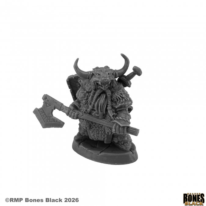 Minature figure of a warrior with horns and an axe on a white background, featuring 'Rampart Miniatures' branding. 44279 Dwarf Bodyguard 
