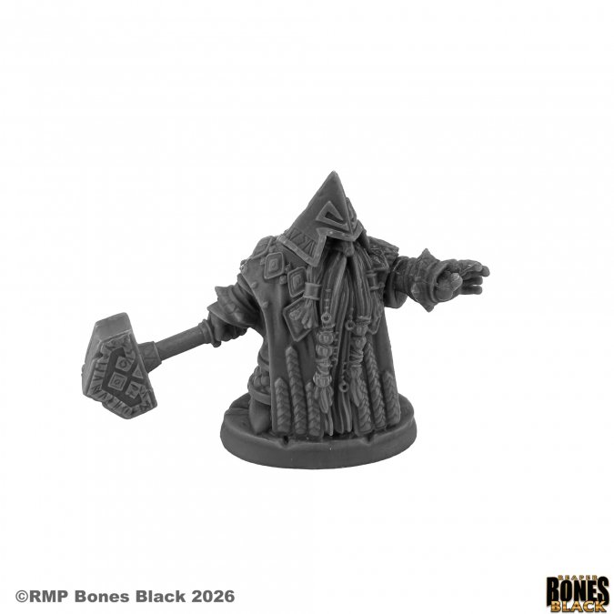 Dark Gray miniature figure with Armor and weapon on a white background. 44280 Grimm Grayrune, Dwarf Priest