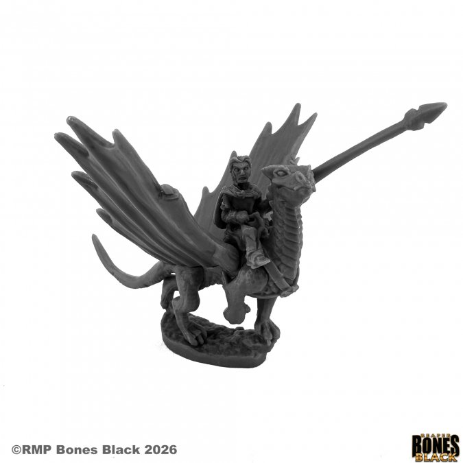 Black and white fantasy figurine of a creature with wings and a spear on a white background. 44283 Roderic Ambermead and Glitter