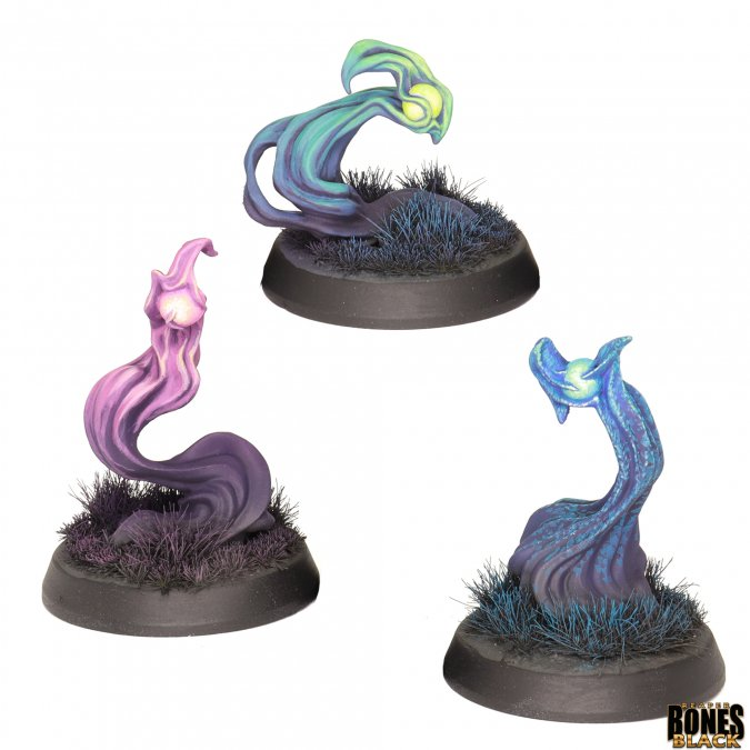 Three colourful fantasy creature figurines on a white background with 'Bones Black' branding. 44290 Will O'Wisps Deadly Fey