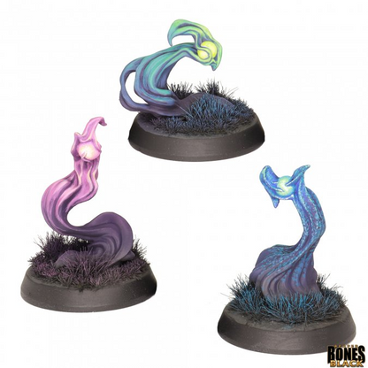 Three colourful fantasy creature figurines on a white background with 'Bones Black' branding. 44290 Will O'Wisps Deadly Fey
