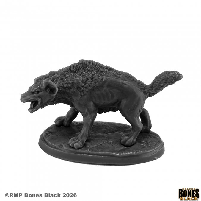 Black wolf figurine on a white background with 'Rampart Games' branding. Reaper miniatures 44309 Hyenadon