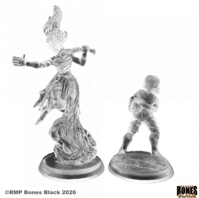Two miniature figurines on a white background with 'Rampart Games' branding. Reaper miniatures 44327 Darianna and Sascha, Ghosts