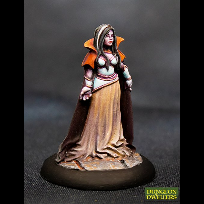Reaper Miniatures Adrasteia Winterthorn Vampiress Dungeon Dwellers 25mm heroic scale fantasy miniature. Miniature figurine of a character from 'Dungeon Dwellers' on a dark background