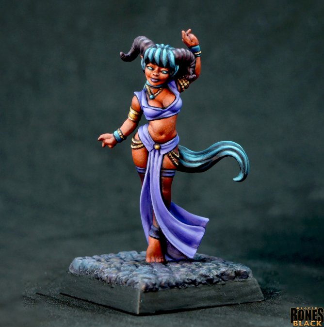 Reaper Miniatures Amesha Hellborn Dancing Girl Bones Black 25mm heroic scale unpainted fantasy miniature with horns and dancer pose