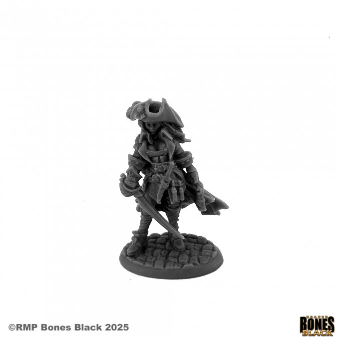 Gray miniature figure on a white background with 'Rampart Games' branding. Reaper Miniatures Angelica Fairweather Pirate Female Rogue Bones Black 25mm heroic scale unpainted miniature with sword and captain hat