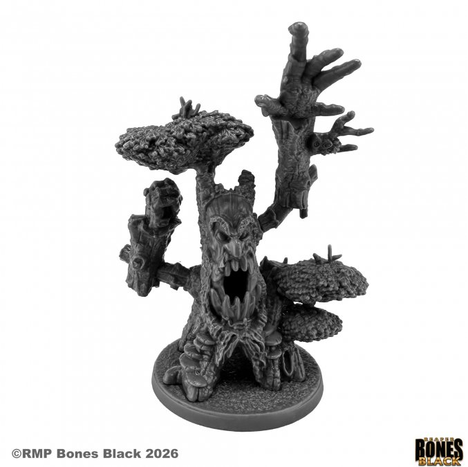 Dark fantasy miniature figure on a white background with 'RMP Bones Black' branding. Reaper Miniatures Arboreal Defender Bones Black 25mm heroic scale unpainted tree monster miniature with bark and branch details