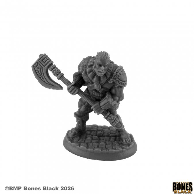 Gray miniature figure holding an axe on a white background with 'Rampart Games' branding.