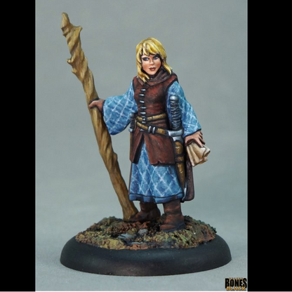 Reaper Miniatures Asandris Nightbloom Sorceress Bones Black 25mm heroic scale unpainted fantasy miniature with staff and cloak
