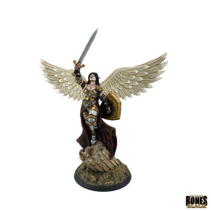 Statue of an angelic figure with wings, armour, and a sword on a white background. Reaper Miniatures Ashaliel the Radiant Archon of Divine Light Bones Black unpainted multipart fantasy miniature holding sword and shield