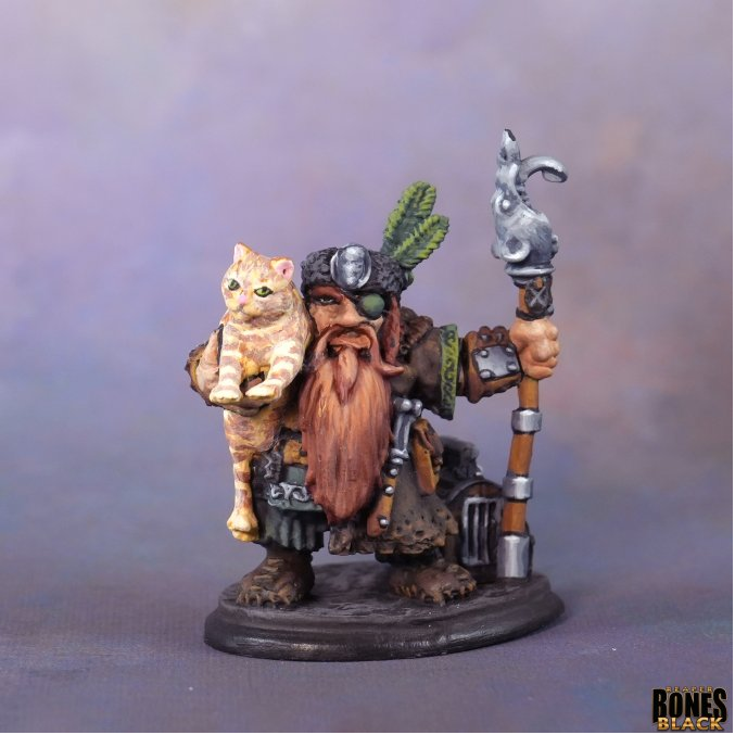 Reaper Miniatures Boren Backslap Dwarf Ratcatcher Bones Black 25mm heroic scale unpainted miniature with staff cat fur hat and eye patch