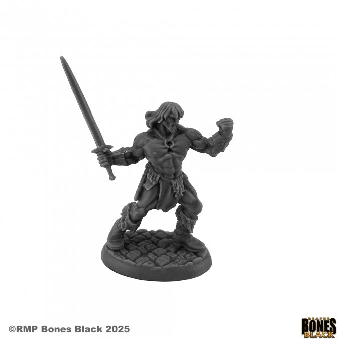 Reaper Miniatures Cal Arath Barbarian Prince Bones Black 25mm heroic scale unpainted miniature with sword and raised fist