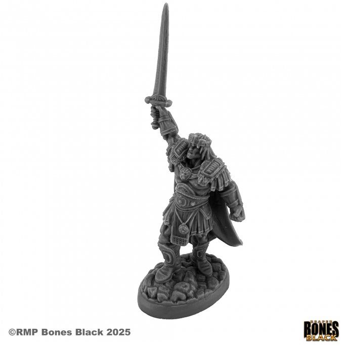 Reaper Miniatures Cal Arath Barbarian King Bones Black male miniature with crown, cloak, and raised sword unpainted