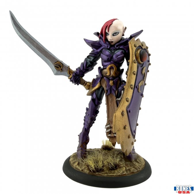 A painted fantasy warrior figurine standing on a round base, holding a curved sword in one hand and a large shield in the other. The figure has pale skin, red hair, and purple armor with gold accents, photographed against a plain white background. Casiatta, Female Anti-Paladin