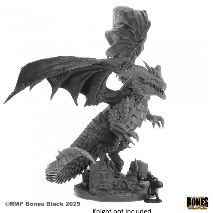 Gray dragon figurine with detailed wings and scales on a white background. Reaper Miniatures Chaarondar the Cruel Bones Black multipart wyrm miniature unpainted, shown with knight for scale reference