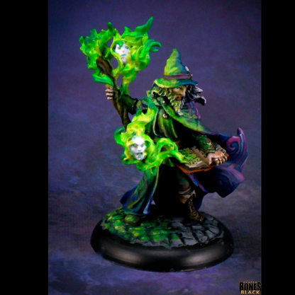 Reaper Miniatures Domur of the Hunter's Moon Human Wizard Bones Black 25mm heroic scale unpainted miniature casting spell with staff and open book