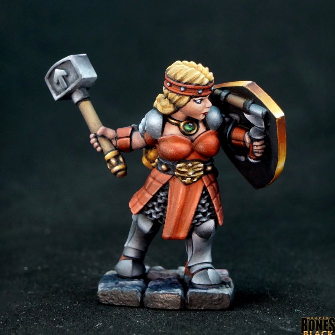 Reaper Miniatures Dwarf Cleric Bones Black 25mm heroic scale unpainted miniature with shield and mace female dwarf