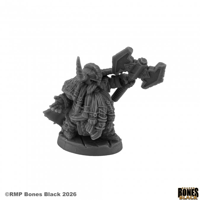 Gray fantasy miniature figure with armor and weapon on a white background, featuring 'Rampart Games' branding. 44278 Dwarf King Hargrim Axehelm