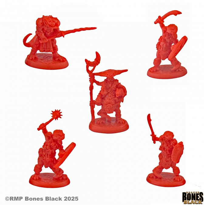 Set of red fantasy miniatures on a white background. Reaper Miniatures Fire Newts Pack of 5 Bones Black unpainted fantasy amphibian miniatures