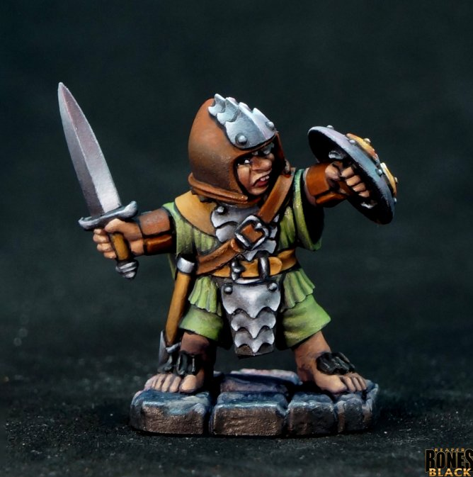 Reaper Miniatures Halfling Fighter Bones Black 25mm heroic scale unpainted miniature with sword shield helmet barefoot