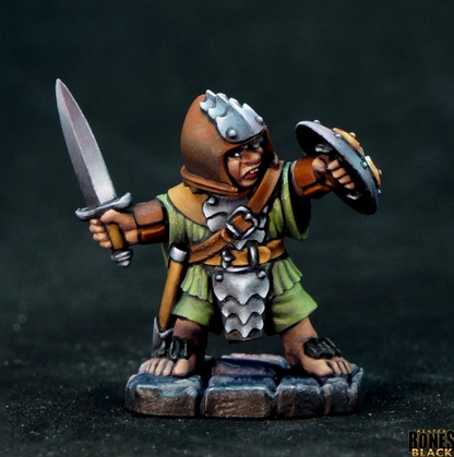 Reaper Miniatures Halfling Fighter Bones Black 25mm heroic scale unpainted miniature with sword shield helmet barefoot