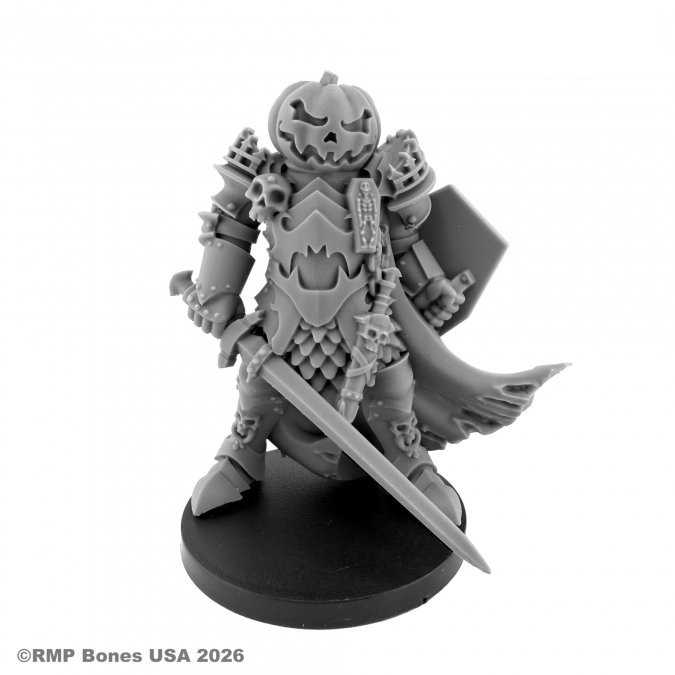 An unpainted gray tabletop gaming miniature of a skeleton warrior in pumpkin armor, standing on a round black base against a white background. Halloween Knight