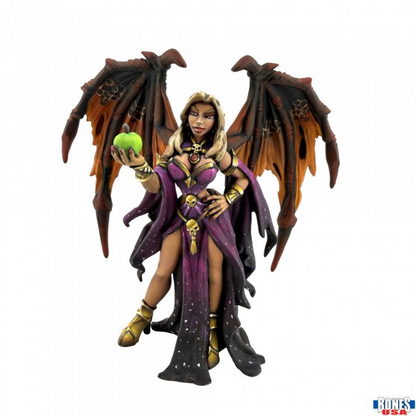 A fantasy winged female figure statue holding a green apple, wearing a purple and black gown with gold accents, set against a plain white background. Headmistress Sophie ReaperCon 2026