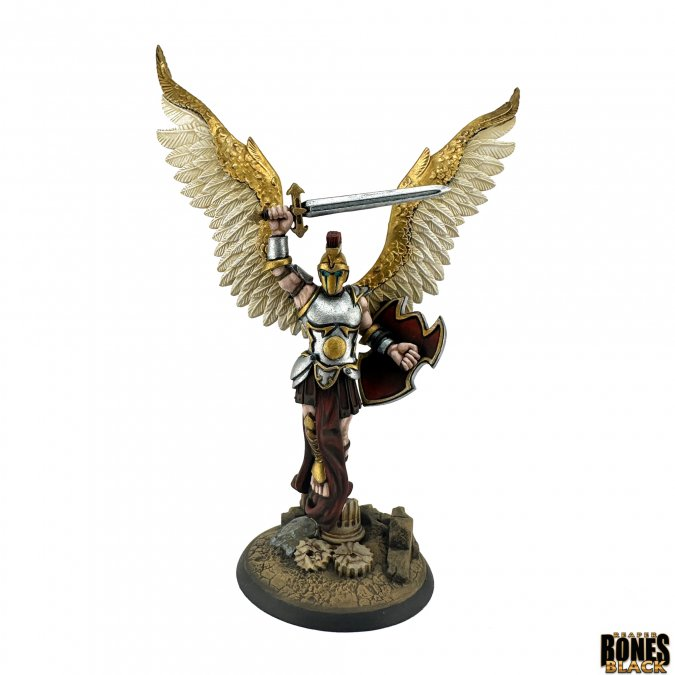 Figurine with wings and a sword on a white background, featuring the 'Bones Black' brand. Reaper Miniatures Jamaerah the Vengeful Archon of Justice Bones Black unpainted multipart fantasy miniature with celestial armor