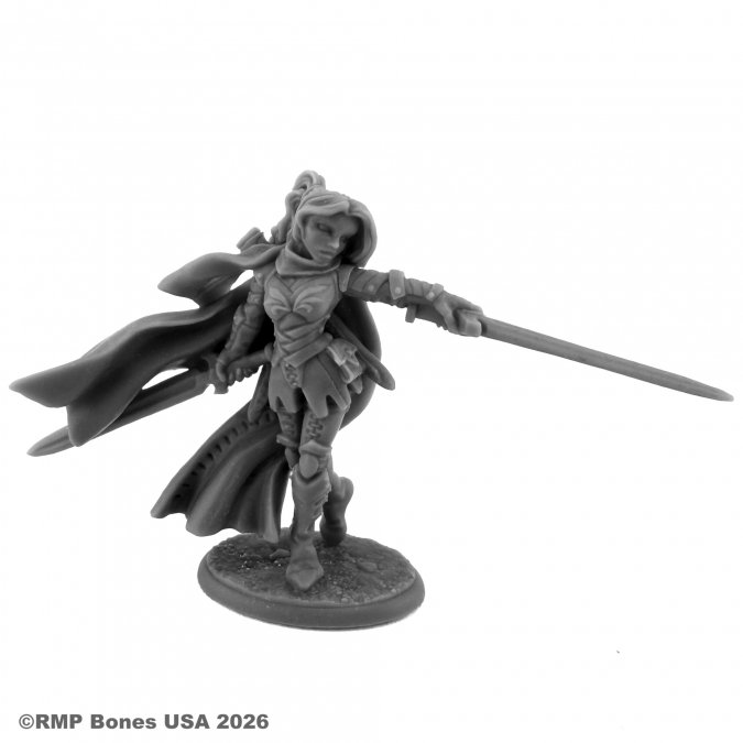 Gray miniature figurine of a warrior with a sword on a white background. Reaper Miniatures Kassandra, Human Ranger 