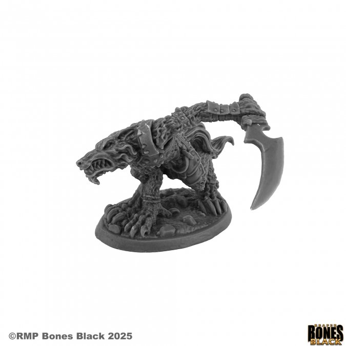 Reaper Miniatures Lupine Rageclaw Warrior Bones Black 25mm heroic scale unpainted multipart rat warrior miniature with blade and snarling expression