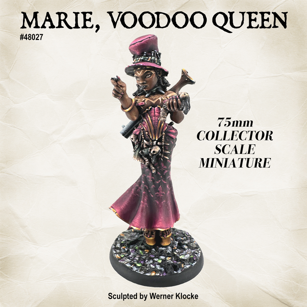 Reaper Miniatures Marie Voodoo Queen Collector Scale 75mm multipart unpainted miniature with talismans, poppet, and optional shotgun