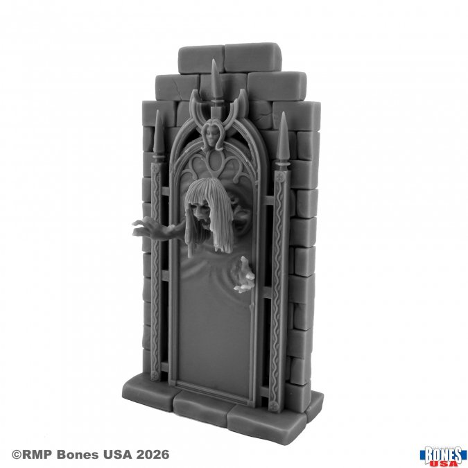 A gray unpainted miniature figurine of a gothic stone gate with a skeletal figure emerging from behind it, shown on a plain white background with RMP Bones USA copyright text at the bottom.