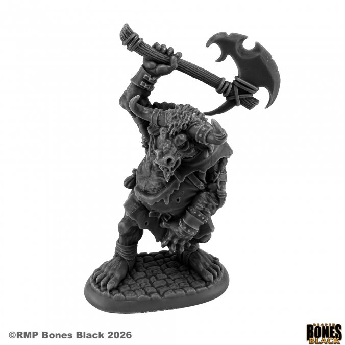 Dark grey fantasy figurine with an axe on a white background. Reaper Miniatures Mohrmuk, Minotaur
