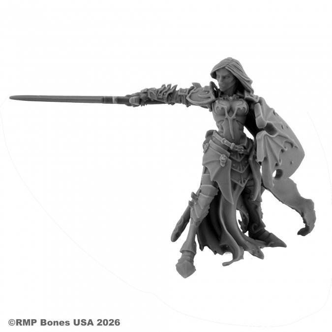 A gray unpainted fantasy miniature figurine of a female warrior holding a long sword, shown on a plain white background with a copyright watermark in the lower-left corner. Monique DeNoir, Female Vampire