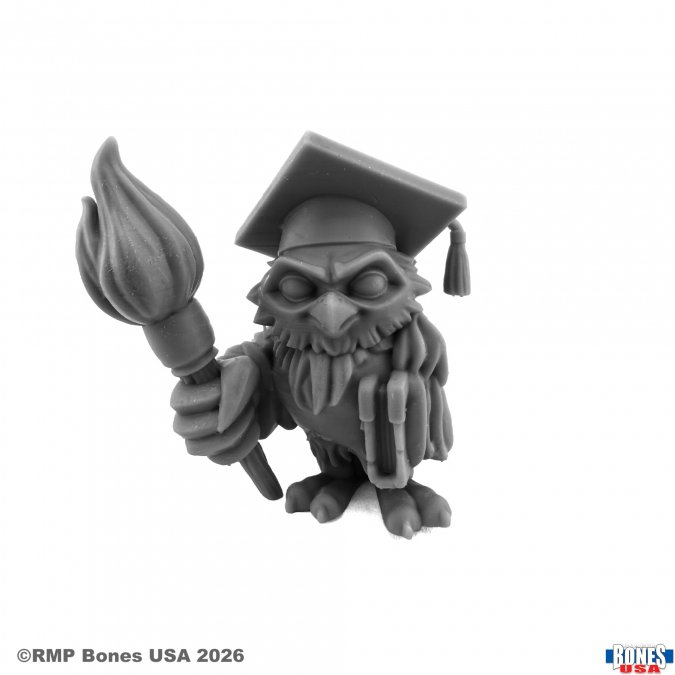 A grayscale 3D-rendered figurine of a bird-like character wearing a graduation cap and holding a paintbrush, shown on a plain white background with small copyright and brand text at the bottom.