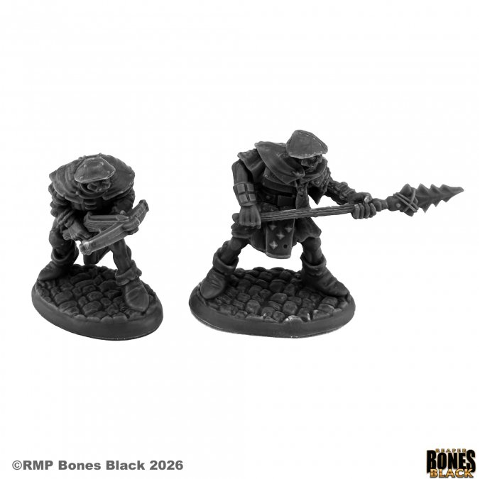 Two miniature figures from Games Workshop's 'Rampart' line on a white background. Reaper Miniatures Orc Crossbowman and Spearman