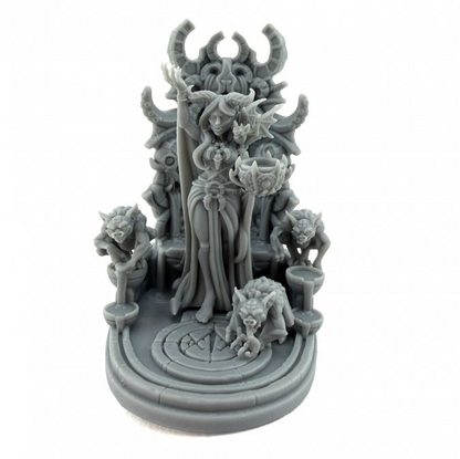 A gray 3D-printed miniature figurine of a fantasy female demon queen on a throne with ghoulish creatures, photographed on a white background. Rowan Hawthorne Bloodweavers