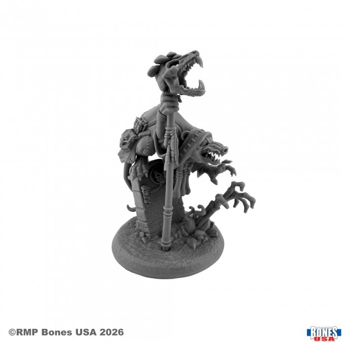 A gray unpainted miniature figurine of a skeletal zombie-like creature holding a staff, standing on a round base against a white background. Small copyright and brand text appears in the lower corners.