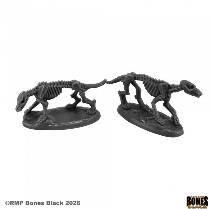 Two black dinosaur skeletons on Gray bases with 'Rampart Games' branding. Reaper Miniatures Skeletal Hounds (2)