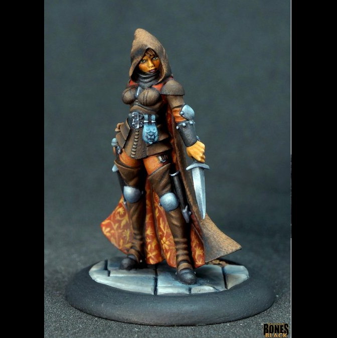 Reaper Miniatures Tara the Silent Human Rogue Bones Black 25mm heroic scale unpainted miniature with hood and dagger