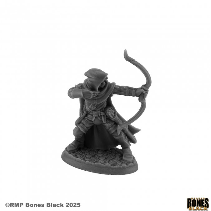 Reaper Miniatures Vance Treadwell Dawnseekers Ranger Bones Black 25mm heroic scale unpainted miniature firing bow with hood up