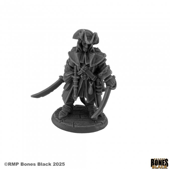 Reaper Miniatures Vax Kreel Hellrunner Pirate Bones Black 25mm heroic scale unpainted miniature holding dual swords in relaxed pose