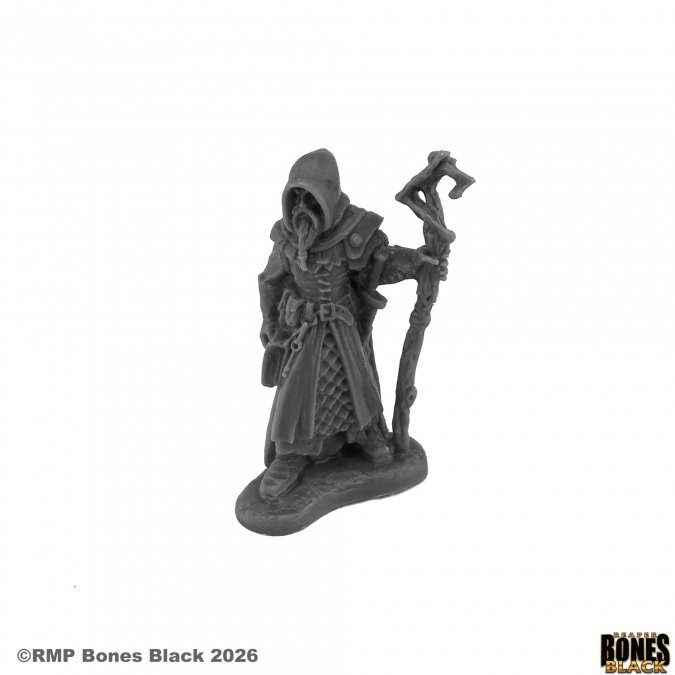 Reaper Miniatures Vodelis Human Wizard Bones Black 25mm heroic scale unpainted fantasy miniature with staff and spellbook