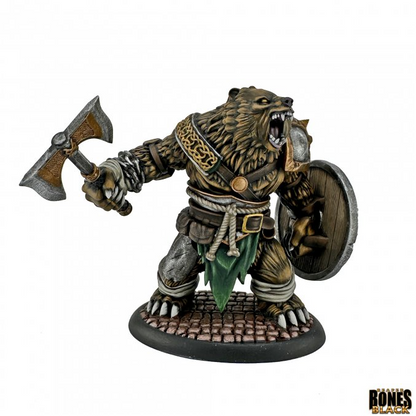 Fantasy figurine of a bear-like warrior holding an axe and shield on a white background. Reaper Miniatures Werebear Bones Black 25mm heroic scale unpainted fantasy lycanthrope miniature