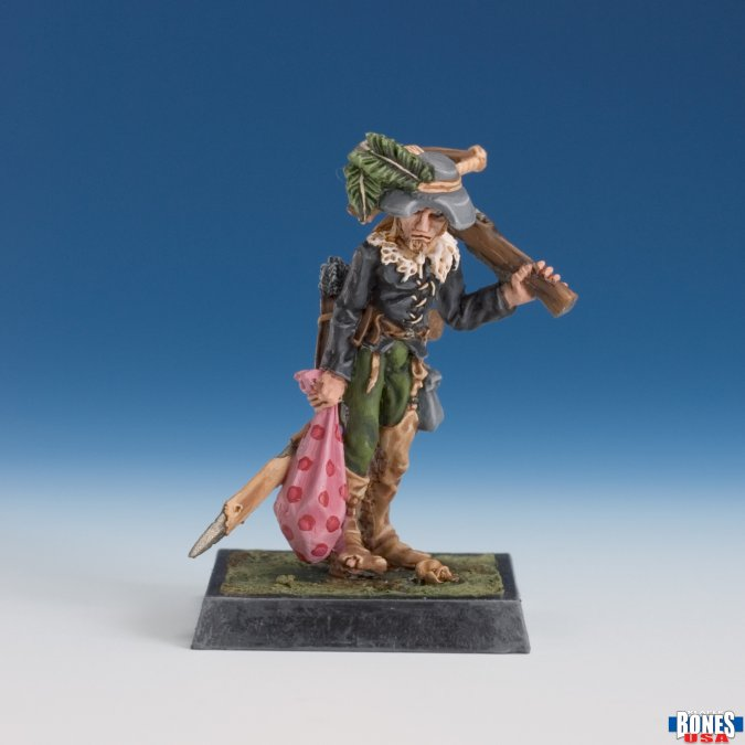 Reaper miniatures 30240 Mercenary Marksman. Miniature figure of a character with a bow and a bag on a blue gradient background