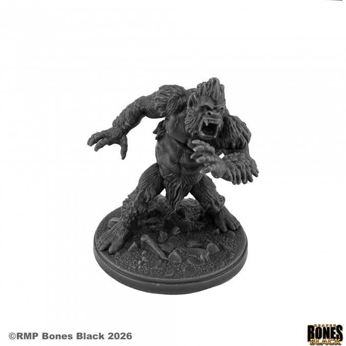 Black and white miniature figure of a creature on a white background with 'Rampart Games' branding. Reaper miniatures 44314 Yeti Champion