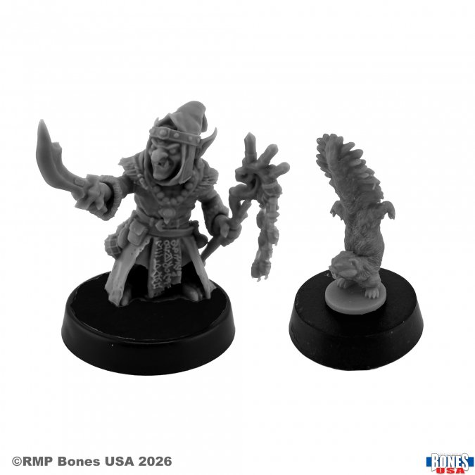 Two unpainted gray plastic miniature figurines on black round bases, photographed on a white background. One figure is a horned armored warrior holding a curved blade and staff, and the other is a small spiny reptile or dragon-like creature. Grizzik and Stenchley Goblin Wizard and Skunk Familiar