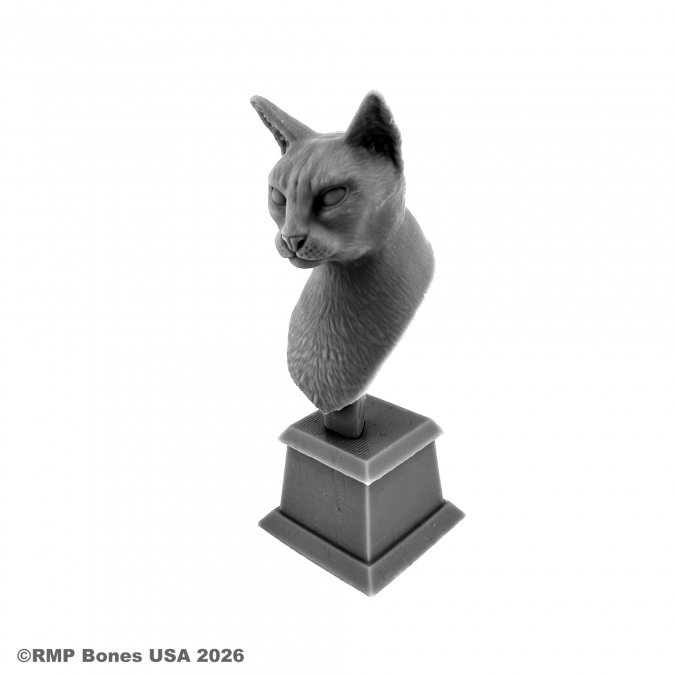 A grayscale 3D render of a cat head bust sculpture mounted on a tiered pedestal, shown against a plain white background with a copyright watermark in the lower-left corner. Mama-san The Gentle Bust
