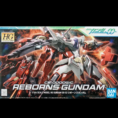 A 1/144 scale Gundam plastic model kit of Reborns Gundam, featuring variable modes, polycapped joints, GN Buster Rifle, GN Fin Fangs, and sliding GN Shield for versatile poses.