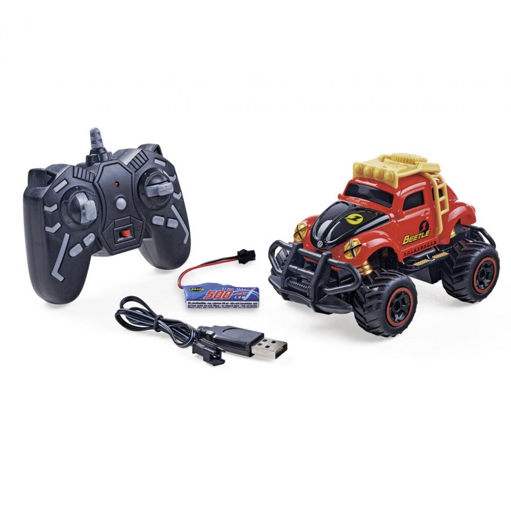 VW Beetle 1:32 scale RC rally car in red with 2.4GHz remote, LED lights, and 60 min run time.